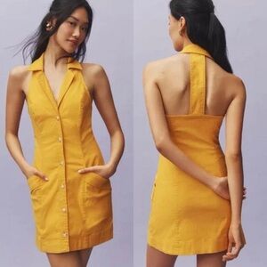 Anthropologie Maeve The Amelia Collared Mini Dress Yellow Mango Size Medium